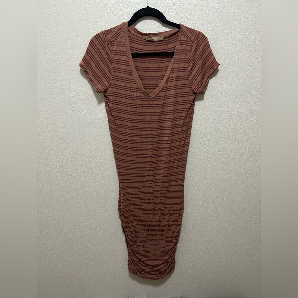prAna Striped Modal Bodycon Midi Dress Rust Ruched Size Small Slow Fashion